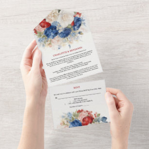 Invitation Tout En Un 4 juillet Mariage Floral Blanc Rouge et Bleu