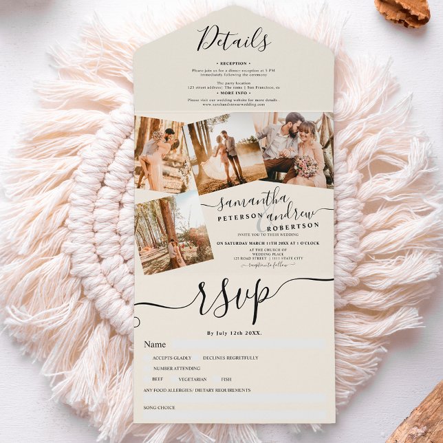 Invitation Tout En Un 4 Photos black ivory modern script wedding (Créateur téléchargé)