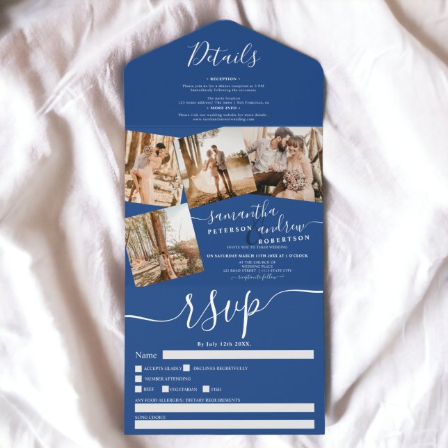 Invitation Tout En Un 4 Photos bleu blanc mariage de script moderne (4 Photos blue white modern script wedding All In One Invitation)