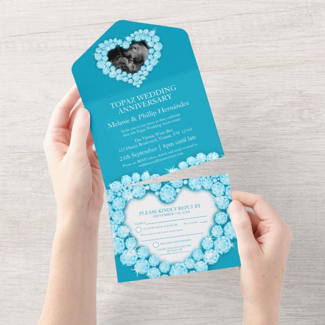 Invitation Tout En Un 4e topaz mariage anniversaire photo bleu (Déchirure)
