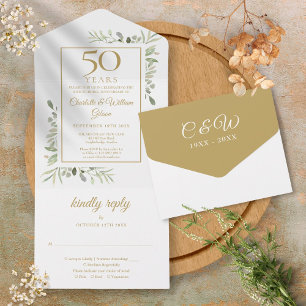 Invitation Tout En Un 50e anniversaire de mariage Monogramme de verdure