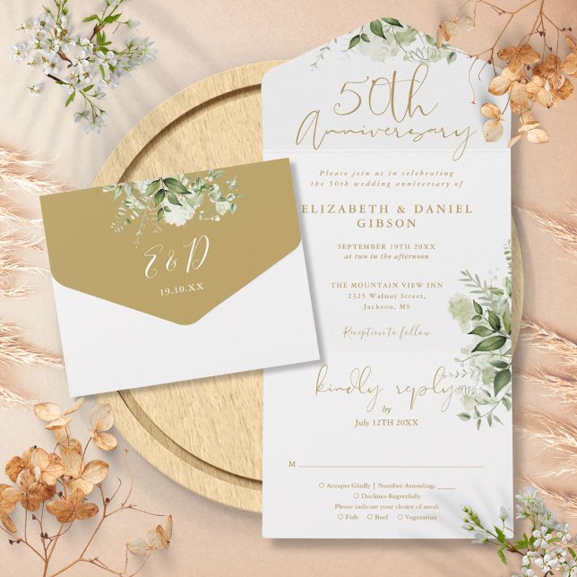 Invitation Tout En Un 50e Anniversaire de Mariage Or Script Floral (50th Wedding Anniversary Gold Script Floral All In One Invitation)