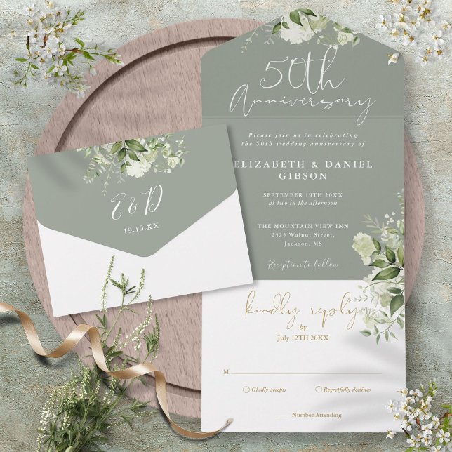 Invitation Tout En Un 50e anniversaire du Mariage Sage Green Floral (50th Wedding Anniversary Sage Green Floral All In One Invitation)