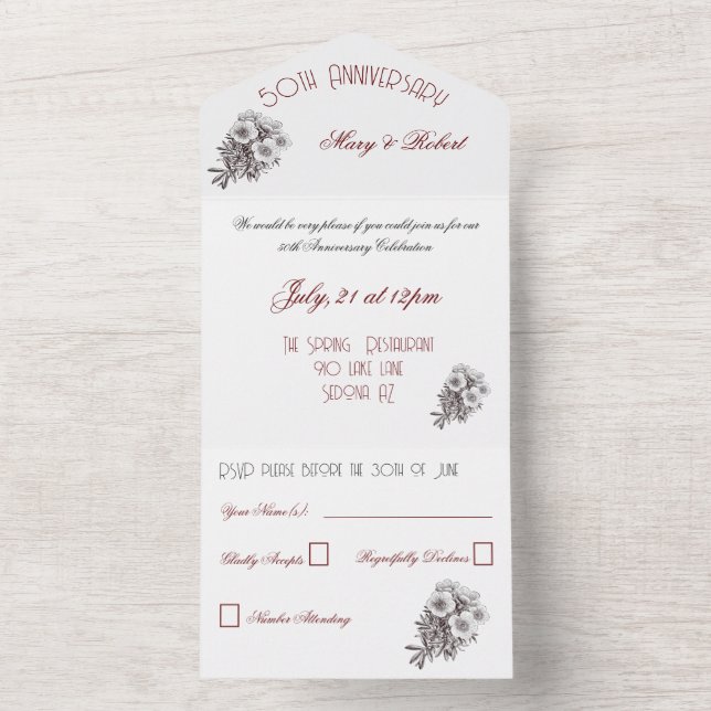 Invitation Tout En Un 50e anniversaire fleuri -  (À l'intérieur)
