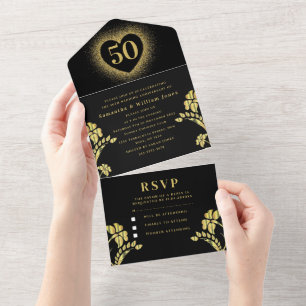Invitation Tout En Un 50e anniversaire Mariage or floral moderne