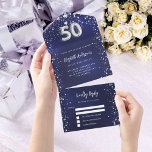 Invitation Tout En Un 50e anniversaire marine bleu argent étoiles rsvp<br><div class="desc">Arrière - plan bleu marine,  décoré d'étoiles. La couleur bleue est inégale. Personnalisez et ajoutez le nom,  les détails du parti,  la date RSVP,  l'adresse et le nom de retour. Le numéro 50 est écrit avec une police de style ballon.</div>