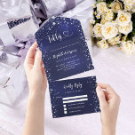 Invitation Tout En Un 50e anniversaire marine bleu argent étoiles rsvp<br><div class="desc">Arrière - plan bleu marine,  décoré d'étoiles. La couleur bleue est inégale. Personnalisez et ajoutez le nom,  les détails du parti,  la date RSVP,  l'adresse et le nom de retour. Cinquante est écrit avec un coeur.</div>