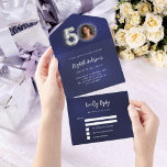 Invitation Tout En Un 50e anniversaire marine bleu argent photo rsvp<br><div class="desc">Un arrière - plan bleu marine. La couleur bleue est inégale. Personnalisez et ajoutez une photo,  un nom,  des détails du parti,  la date RSVP,  l'adresse et le nom de retour. Le numéro 50 est écrit avec une police de style ballon en faux argent.</div>