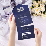 Invitation Tout En Un 50e anniversaire marine bleu argent rsvp<br><div class="desc">Un arrière - plan bleu marine. La couleur bleue est inégale. Personnalisez et ajoutez le nom,  les détails du parti,  la date RSVP,  l'adresse et le nom de retour. Le numéro 50 est écrit avec une police de style ballon en faux argent.</div>