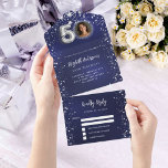 Invitation Tout En Un 50e anniversaire marine bleu photo argent étoiles<br><div class="desc">Arrière - plan bleu marine,  décoré d'étoiles. La couleur bleue est inégale. Personnalisez et ajoutez une photo,  un nom,  des détails du parti,  la date RSVP,  l'adresse et le nom de retour.</div>
