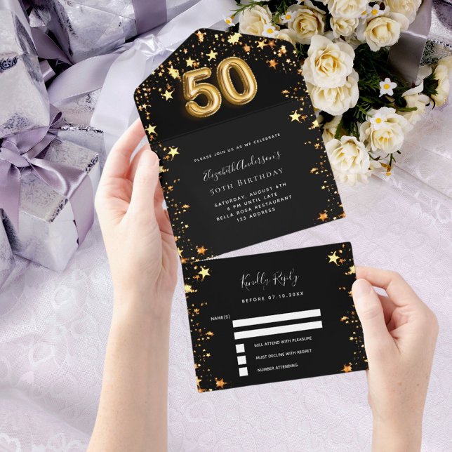 Invitation Tout En Un 50e anniversaire noir étoiles or rsvp (Créateur téléchargé)