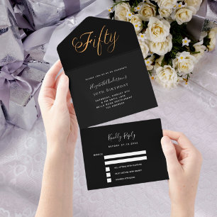 Invitation Tout En Un 50e anniversaire noir script or rsvp