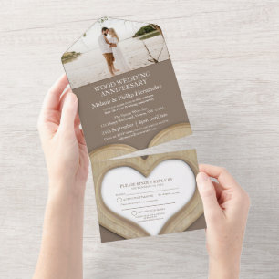 Invitation Tout En Un 5e mariage du coeur de bois photo brun tout