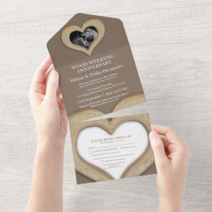 Invitation Tout En Un 5ème anniversaire de mariage bois cœur photo marro