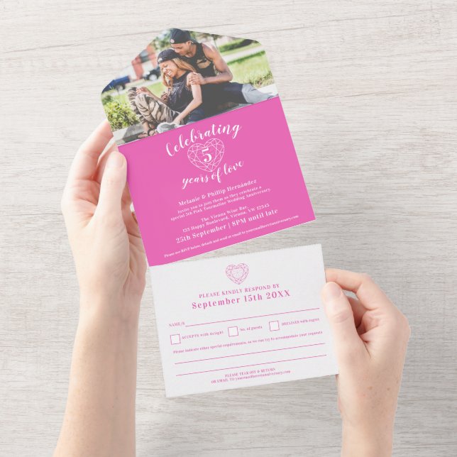 Invitation Tout En Un 5ème anniversaire de mariage Tourmaline rose RSVP  (Déchirure)