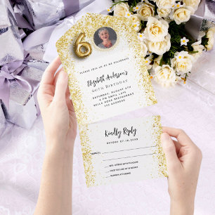 Invitation Tout En Un 60e anniversaire de la fête photo en or blanc RSVP