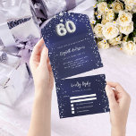 Invitation Tout En Un 60e anniversaire marine bleu argent étoiles rsvp<br><div class="desc">Arrière - plan bleu marine,  décoré d'étoiles. La couleur bleue est inégale. Personnalisez et ajoutez le nom,  les détails du parti,  la date RSVP,  l'adresse et le nom de retour. Le numéro 60 est écrit avec une police de style ballon.</div>
