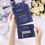 Invitation Tout En Un 60e anniversaire marine bleu argent étoiles rsvp<br><div class="desc">Arrière - plan bleu marine,  décoré d'étoiles. La couleur bleue est inégale. Personnalisez et ajoutez le nom,  les détails du parti,  la date RSVP,  l'adresse et le nom de retour. Soixante est écrit avec un coeur.</div>