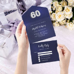 Invitation Tout En Un 60e anniversaire marine bleu argent rsvp<br><div class="desc">Un arrière - plan bleu marine. La couleur bleue est inégale. Personnalisez et ajoutez le nom,  les détails du parti,  la date RSVP,  l'adresse et le nom de retour. Le numéro 60 est écrit avec une police de style ballon en faux argent.</div>