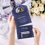 Invitation Tout En Un 60e anniversaire marine bleu photo argent étoiles<br><div class="desc">Arrière - plan bleu marine,  décoré d'étoiles. La couleur bleue est inégale. Personnalisez et ajoutez une photo,  un nom,  des détails du parti,  la date RSVP,  l'adresse et le nom de retour.</div>