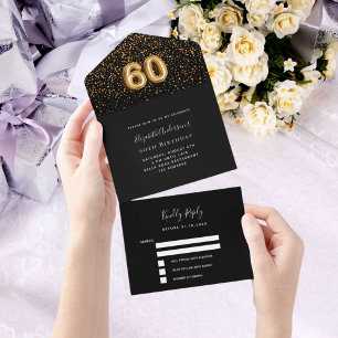 Invitation Tout En Un 60e anniversaire noir confetti rsvp