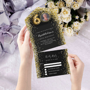 Invitation Tout En Un 60e anniversaire noir or photo rsvp