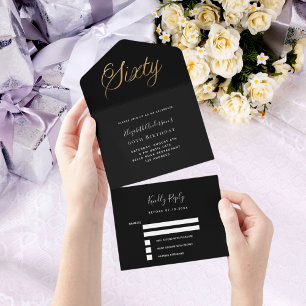Invitation Tout En Un 60e anniversaire noir script or rsvp