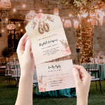 Invitation Tout En Un 60e anniversaire pampas herbe fleurons rose rose R<br><div class="desc">Un décor rustique doré rose et dégradé rose vif,  décoré de fleurs rose vif et d'herbe de pampas. Personnalisez et ajoutez votre nom,  ainsi que les détails. Lettres de couleur noire. Le numéro 60 est écrit avec une police de style ballons d'or rose.</div>