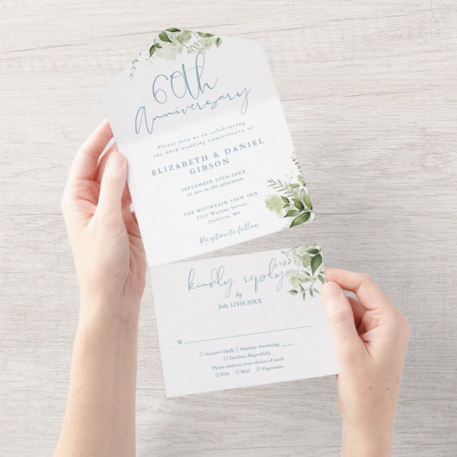 Invitation Tout En Un 60th Wedding Anniversary Greenery Floral (Déchirure)