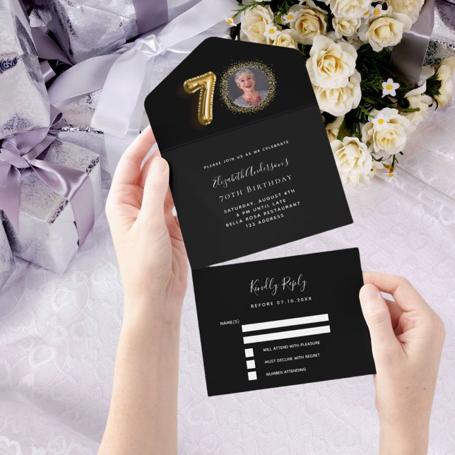 Invitation Tout En Un 70e anniversaire noir or photo rsvp (Créateur téléchargé)