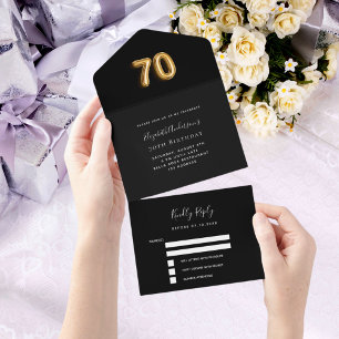 Invitation Tout En Un 70e anniversaire noir or rsvp