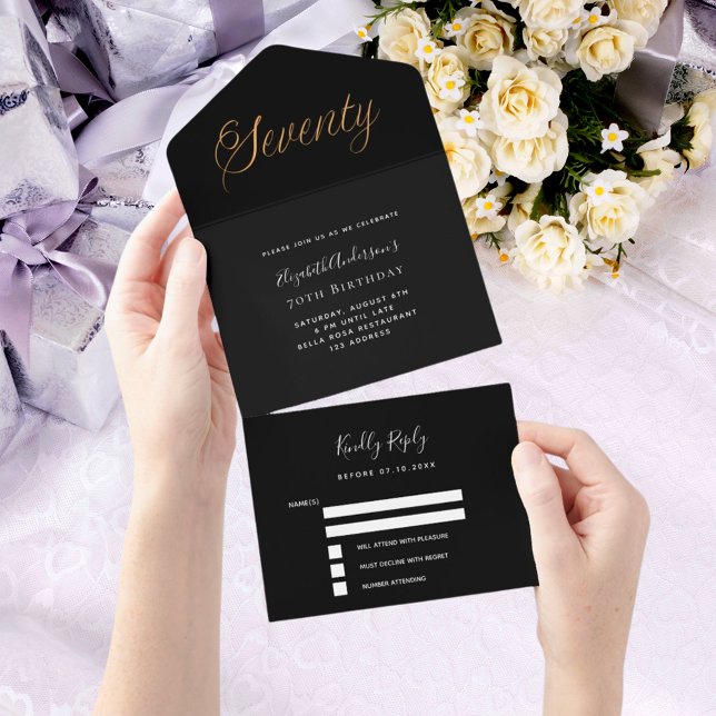 Invitation Tout En Un 70e anniversaire noir script or rsvp (Créateur téléchargé)