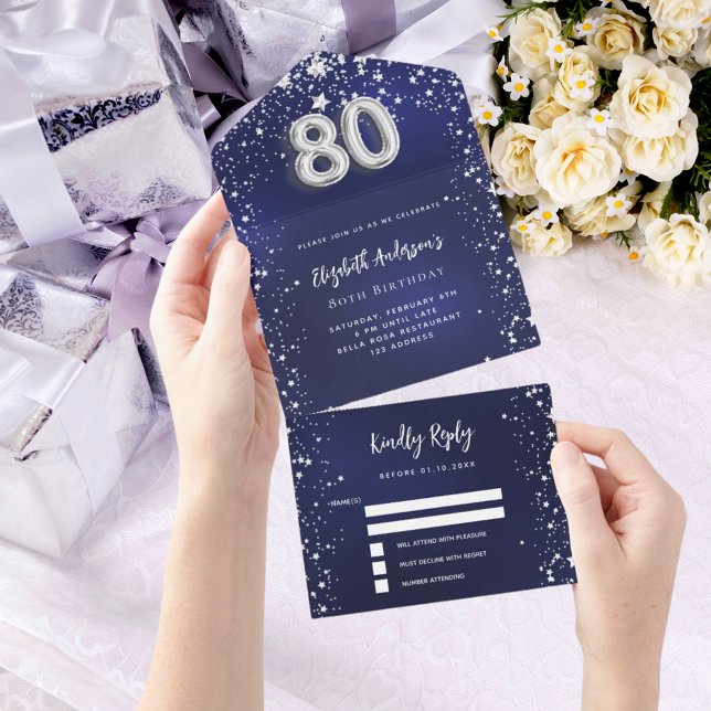 Invitation Tout En Un 80e anniversaire marine bleu argent étoiles rsvp (Créateur téléchargé)