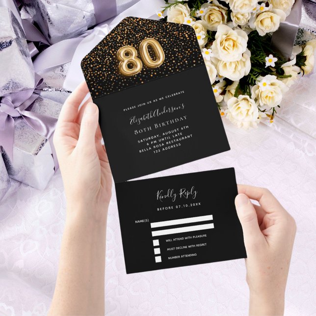 Invitation Tout En Un 80e anniversaire noir confetti rsvp (Créateur téléchargé)