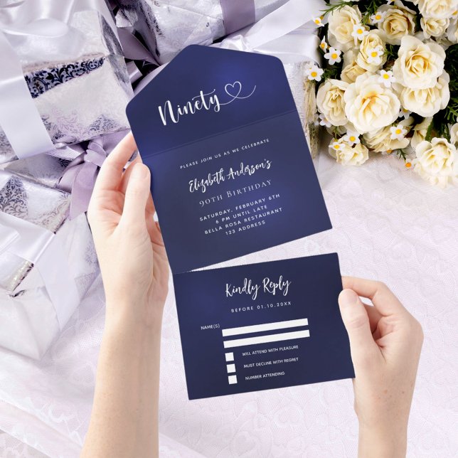 Invitation Tout En Un 90e anniversaire marine bleu argent rsvp (Créateur téléchargé)