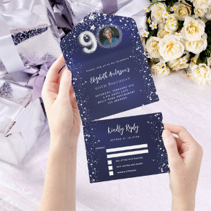 Invitation Tout En Un 90e anniversaire marine bleu photo argent étoiles 