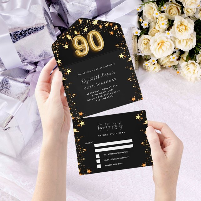 Invitation Tout En Un 90e anniversaire noir étoiles or rsvp (Créateur téléchargé)