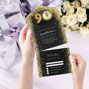 Invitation Tout En Un 90e anniversaire noir or photo rsvp