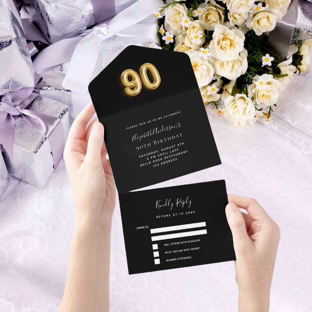 Invitation Tout En Un 90e anniversaire noir or rsvp (Créateur téléchargé)