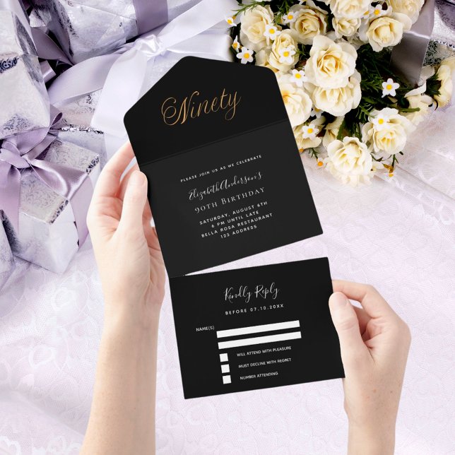 Invitation Tout En Un 90e anniversaire noir script or rsvp (Créateur téléchargé)
