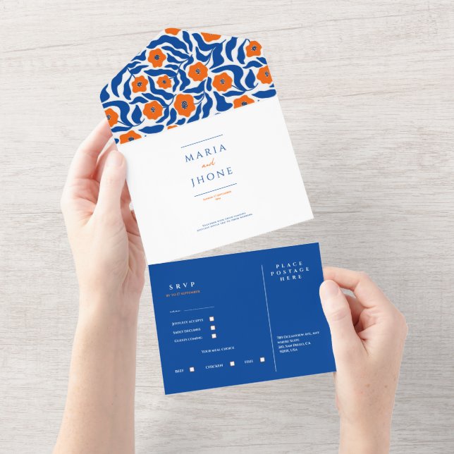 Invitation Tout En Un abstract botanical blue orange wedding RSVP All-in (Déchirure)