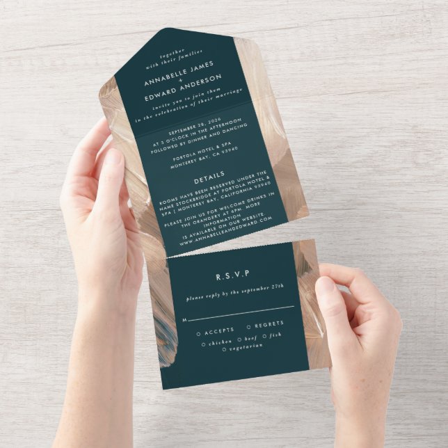 Invitation Tout En Un Abstrait de mariage rsvp  en terre cuite turquoise (Déchirure)