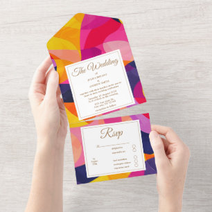 Invitation Tout En Un Abstrait moderne Hot Pink et mariage orange