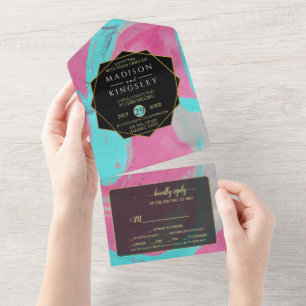 Invitation Tout En Un Abstrait rose Turquoise tout en un