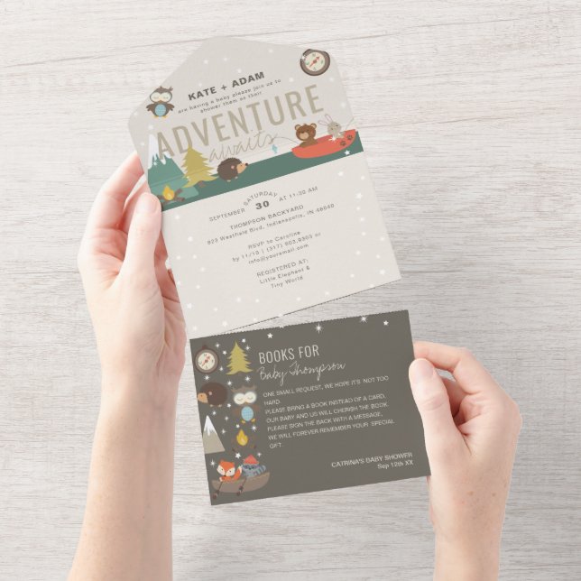 Invitation Tout En Un Adventure Woodland Books Neutral Marine Baby showe (Déchirure)