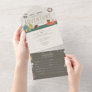 Invitation Tout En Un Adventure Woodland Prédictions Baby shower neutre