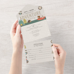 Invitation Tout En Un Adventure Woodland Prédictions Baby shower neutre