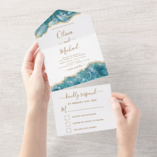 Invitation Tout En Un Agate Aqua Turquoise Blue Gold Wedding RSVP