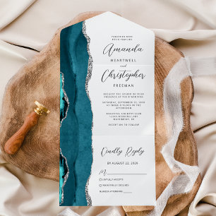 Invitation Tout En Un Agate Bleu sarcelle Argent Mariage