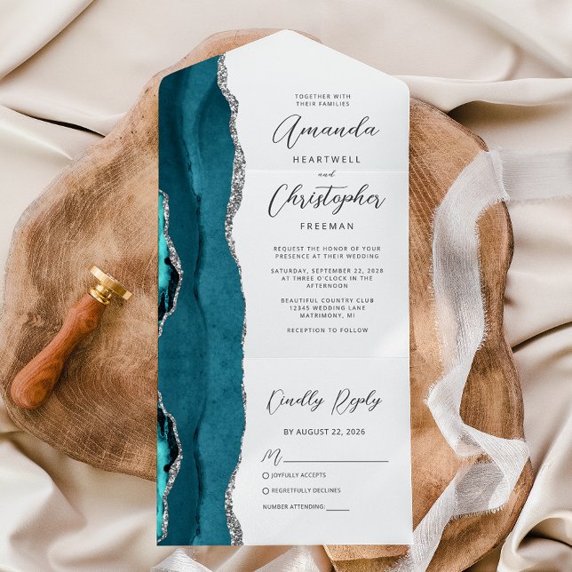 Invitation Tout En Un Agate Bleu sarcelle Argent Mariage (Créateur téléchargé)